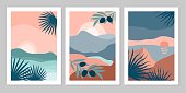 Set of abstract colorful landscape poster collection with sun, moon, star, sea, mountains, olive, palm. Vector flat illustration. Contemporary art print templates,  backgrounds for social media.