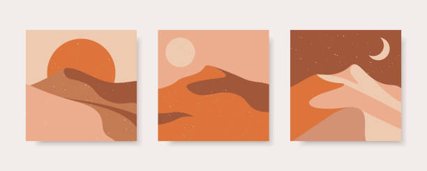 地球の色で抽象的な現代的な背景のセット。ボホスタイルの砂漠の風景。ソーシャルメディア、ウェブサイト、ポスター、カバーのためのコンセプトベクトルテンプレート。 - 砂漠点のイラスト素材／クリップアート素材／マンガ素材／アイコン素材