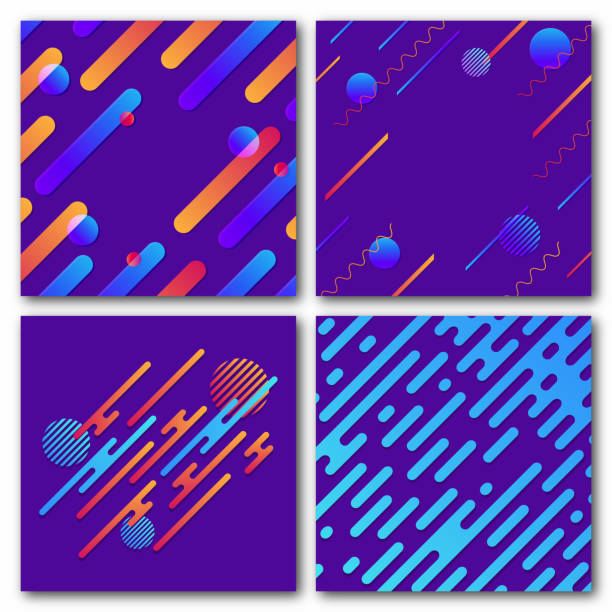 Set of abstract geometric backgrounds. Modern dynamic pattern. Rounded diagonal lines with circles, waves Set of abstract geometric backgrounds. Modern dynamic pattern. Rounded diagonal lines with circles and waves. Trendy background for poster, banner, cover. Vector colored background illustrations stock illustrations