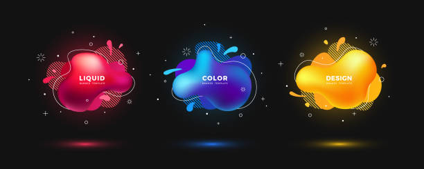 Set of abstract liquid shapes. 3d flying plastic bubble elements in glowing neon colors with space for text. Set of abstract liquid shapes. 3d flying plastic bubble elements in glowing neon colors with space for text. Modern fluid color banners. Vector design template. paint neon color neon light ultraviolet light stock illustrations