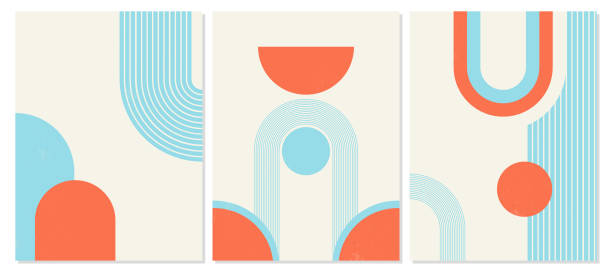 Set of abstract modern backgrounds with harmonious geometric shapes, rainbow and sun. Trending cover designs in a minimal mid century style in blues and oranges.Natural organic line shapes. Set of vector illustrations of geometric shapes. arch architectural feature illustrations stock illustrations