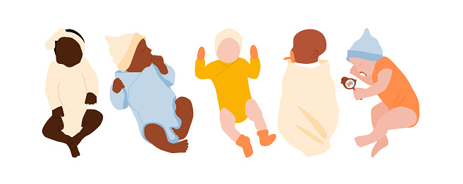 A set of abstract multi-ethnic newborns. A collection of faceless bright portrait babies. Minimalistic vector illustration isolated on a white background