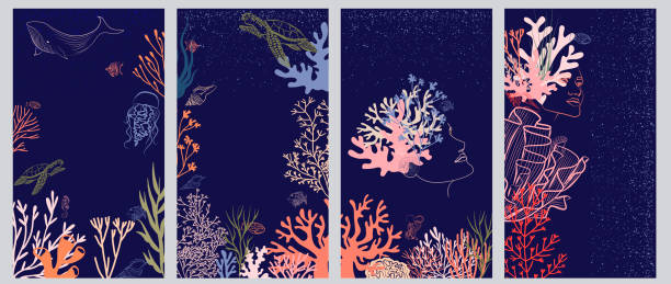 illustrations, cliparts, dessins animés et icônes de ensemble de fond vertical abstrait avec le portrait de visage de femme, monde sous-marin, algues et animaux marins - fond marin