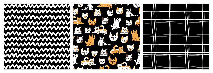 Set of abstract zigzag lines, cats and dogs animals hand drawn childish seamless patterns. Vector black white yellow illustrations