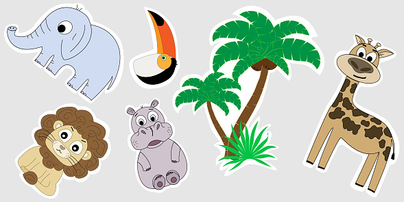 A set of Africa stickers. Stickers for children are a lion, a hippopotamus, a palm tree, an elephant, a giraffe, a toucan. Stickers of African beasts.