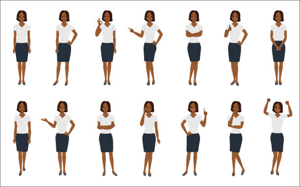 satz von afrikanischen amerikanischen geschäftsfrau isoliert auf weißem hintergrund - zeigen frau stock-grafiken, -clipart, -cartoons und -symbole