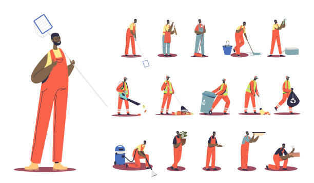 Set of african janitor cartoon man in uniform cleaning street different lifestyle situations Set of african janitor cartoon man in uniform cleaning street different lifestyle situations and poses: sweep leaver, collect garbage from trash bin, use vacuum cleaner. Flat vector illustration scavenging stock illustrations