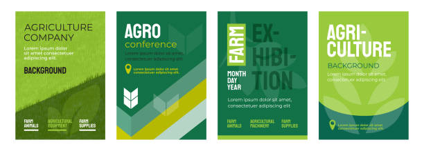Set of agriculture poster Set of vector illustrations with agricultural concept. Design for agro conference, farm exhibition. Group of agri poster with geometrical composition. Background for banner, flyer, layout, cover, ad. agriculture stock illustrations