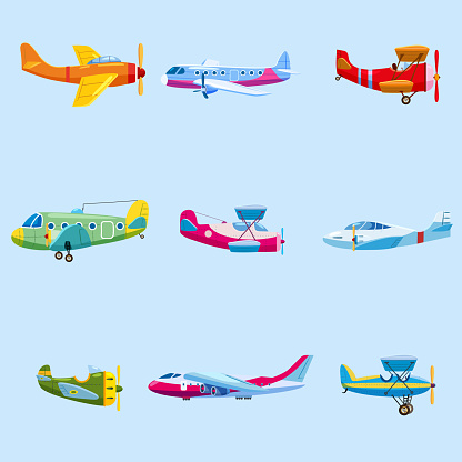 Set of airplanes aircraft different colour. Retro, personal, cargo, speed, biplane, monoplane. Vector isolated cartoon style