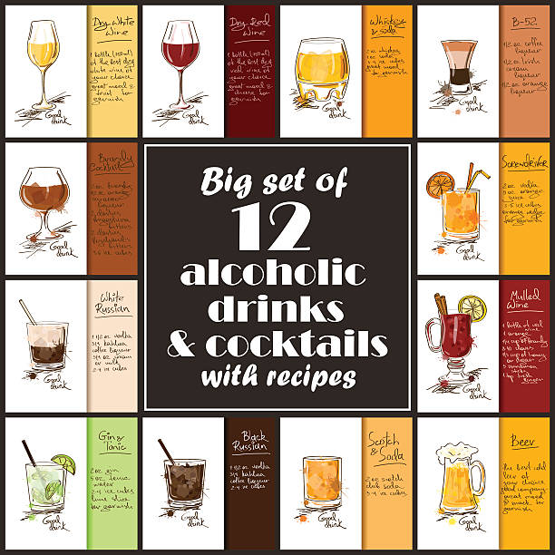 Set Of Alcoholic Drinks And Cocktails With Recipes. Set of 12 hand drawn alcoholic drinks and cocktails. Including recipes and ingredients for restaurant or cafe. Part 2. screwdriver drink stock illustrations