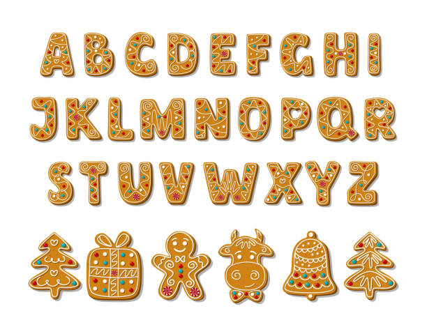 satz von alphabet urlaub lebkuchen cookies. weihnachten abc buchstaben schriftart. vektor-illustration. - lebkuchen stock-grafiken, -clipart, -cartoons und -symbole