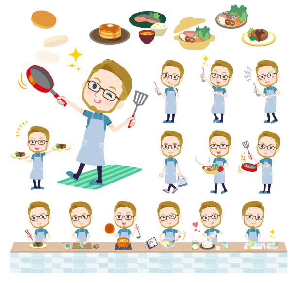 ilustrações de stock, clip art, desenhos animados e ícones de a set of american blond hair man in sportswear about cooking - blonde man trying food