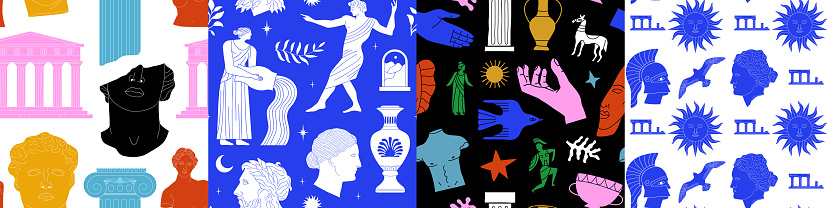 Set of ancient greek statue monument seamless pattern
