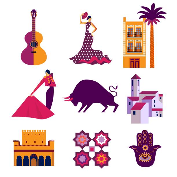 set of andalusian vector icons and symbols andalusian culture signs and symbols, buildings, flamenco, corrida, town granada spain stock illustrations