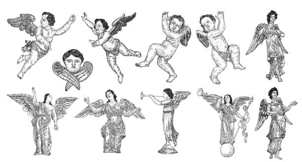 illustrazioni stock, clip art, cartoni animati e icone di tendenza di set di angeli con le ali. volare o stare in piedi e suonare alla tromba. simbolo religioso del cristianesimo vettore disegnato a mano. - cherubini