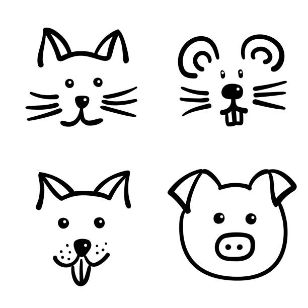 Set of animal faces Hand drawn cut animal faces dog drawings stock illustrations