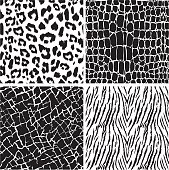 Black and white set of animal skin seamless patterns- leopard, crocodile, elephant and tiger