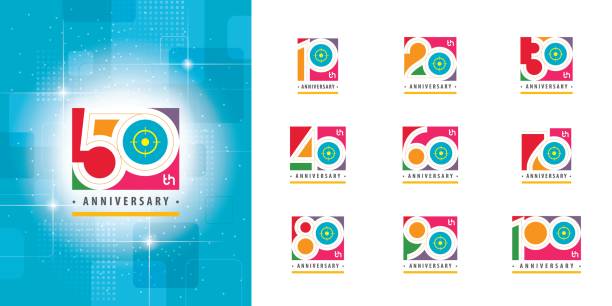 Set of Anniversary logotype design, Celebrating Anniversary Colorful Logo Set of Anniversary logotype design, Celebrating Anniversary Colorful Logo for celebration event, invitation, greeting, web template, Flyer and booklet, Play symbol, Colors logo vector anniversary stock illustrations