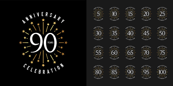 Set of anniversary logotype. Golden anniversary celebration emblem with firework. Design for company profile, booklet, leaflet, magazine, brochure poster, web, invitation or greeting card.
