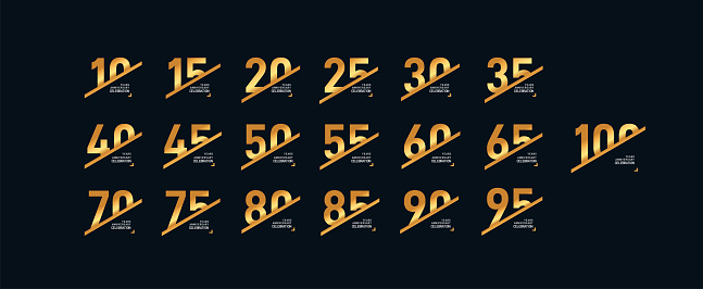 Set of anniversary logotype style with handwriting 10, 20, 30, 40, 50, 60 golden color for celebration event, wedding, greeting card, and invitation. Vector illustration. Isolated on black background.