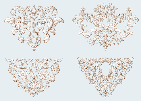 Set of antique decorative elements in the style of engraving. Graceful floral ornaments.