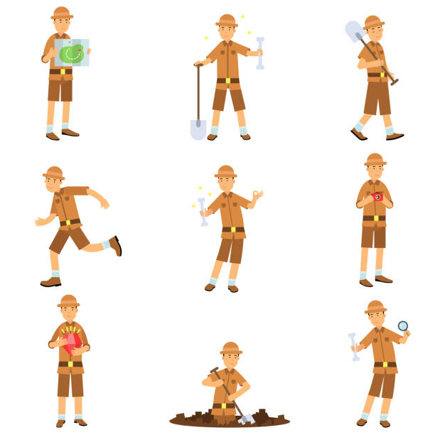 Set of archaeologist character actions Set of archaeologist character actions. Treasure hunter in safari suit and hat. Traveler reading walking with shovel, digging, running, studying. Excavations and archaeology. Flat cartoon vector. geologist stock illustrations