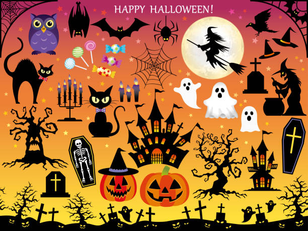 illustrations, cliparts, dessins animés et icônes de ensemble d’éléments de conception happy halloween assortis. - légume volant
