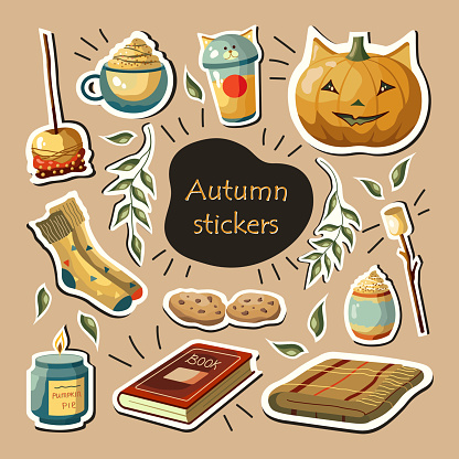 Set of autumn vector stickers with pumpkin, latte, leaves, cozy food, and items.