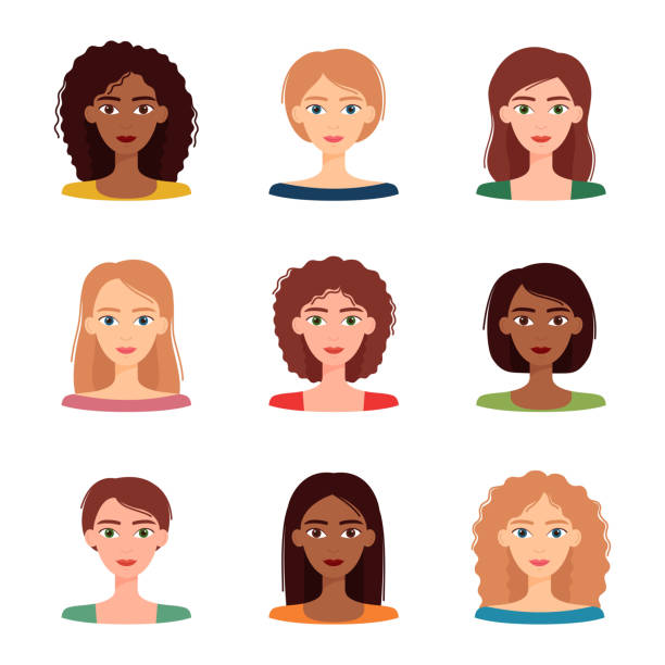 bildbanksillustrationer, clip art samt tecknat material och ikoner med uppsättning avatarer av kvinnor med olika frisyrer och färg. mångfaldsgrupp av unga kvinnor, vektorillustration - brunt hår