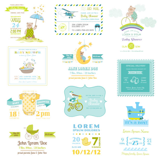 Set of Baby Shower and Arrival Cards Set of Baby Shower and Arrival Cards - for design and scrapbook - in vector airplane borders stock illustrations