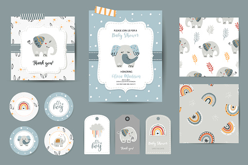 Set of Baby shower invitations, thanks cards, tags and seamless patterns