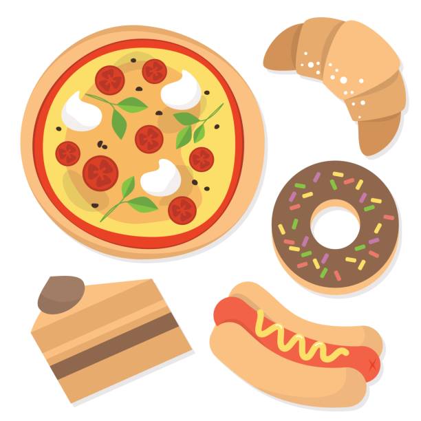 ilustrações de stock, clip art, desenhos animados e ícones de set of bakery products: pizza, hot dog, croissant, donut and cake / flat editable vector illustration, clip art - pizza table