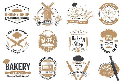 Set of Bakery shop badge. Vector. Concept for badge, shirt, label, print, stamp, tee. Design with windmill, rolling pin, dough, wheat ears silhouette. For restaurant identity objects, packaging menu
