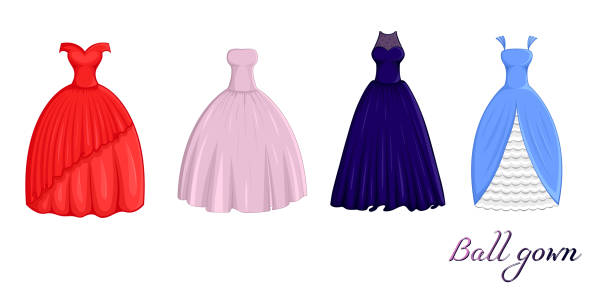A set of ball gowns A set of four ball dresses of different styles and colors bodice stock illustrations