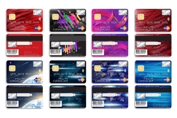 ilustraciones, imágenes clip art, dibujos animados e iconos de stock de conjunto de tarjetas bancarias con diferentes antecedentes para su diseño. - credit card