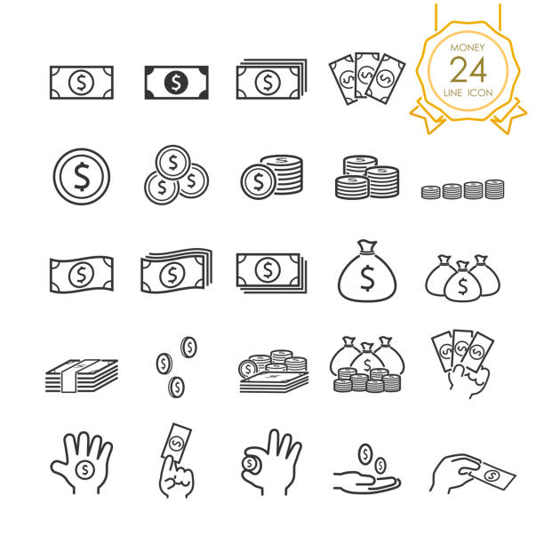 ilustraciones, imágenes clip art, dibujos animados e iconos de stock de conjunto de billetes, moneda, bolsa de dinero y el dinero en la mano icono de la línea para el sitio web, infografía o negocio, simple símbolo. ilustración de vector (movimiento editables) - pile of money