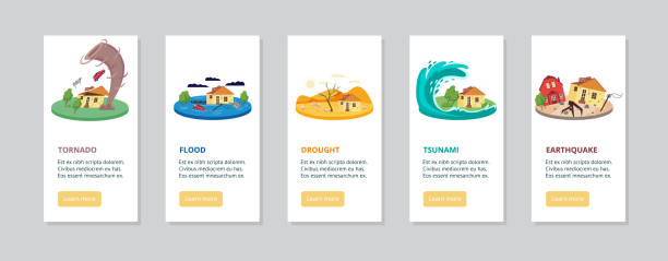 Set of banners showing various natural disasters, flat vector illustration. Set of banners or posters showing various natural disasters includes flood and tsunami, tornado and earthquake, flat vector illustration. Dangerous nature catastrophes. flood illustrations stock illustrations