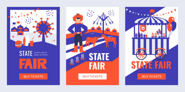Set of Banners with State Fair Vector illustrations of State Fair. Set of Banners with Buy Tickets button. Food market, car, ferris wheel, farm animals, farmer, country fair. Design template for invitation, advertisement, web site. cowboy hat template stock illustrations