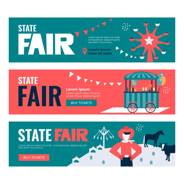 Set of Banners with State Fair Vector illustrations of State Fair. Set of Banners with Buy Tickets button. Food market, car, ferris wheel, farm animals, farmer, country fair. Design template for invitation, advertisement, web site farmers market stock illustrations
