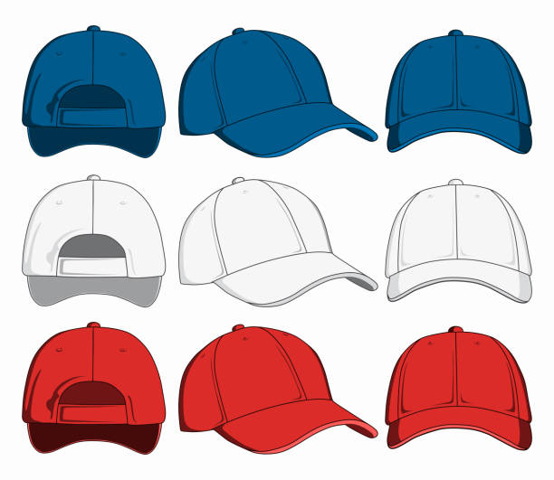 ilustraciones, imágenes clip art, dibujos animados e iconos de stock de set de gorras de béisbol, frente, parte posterior y vista lateral. ilustración de vector - hat