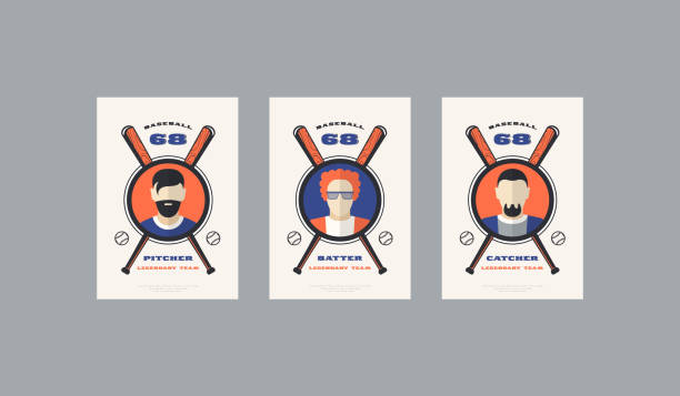 Set of baseball card design in retro style Set of baseball card design in flat style. Player cards for pitcher, batter and catcher avatar borders stock illustrations