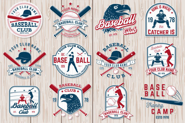 一組棒球或壘球俱樂部徽章。向量例證。襯衫或徽標的概念, - 球拍 幅插畫檔、美工圖案、卡通及圖標