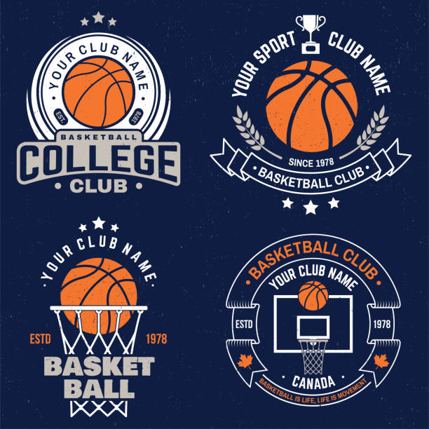 Set of basketball club badge. Vector. Graphic design for t-shirt, tee, print or apparel. Vintage typography design with basketball hoop and ball silhouette. Set of basketball club badge. Vector illustration. Graphic design for t-shirt, tee, print or apparel. Vintage typography design with basketball hoop and ball silhouette. basketball hoop stock illustrations