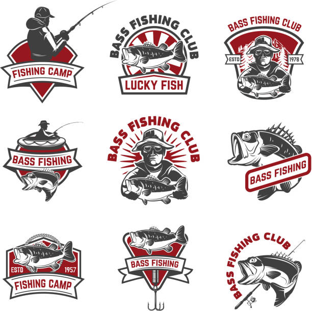 Set of bass fishing emblem templates isolated on white background. Design elements for  label, sign. Vector illustration Set of bass fishing emblem templates isolated on white background. Design elements for label, sign. Vector illustration bass fish jumping stock illustrations