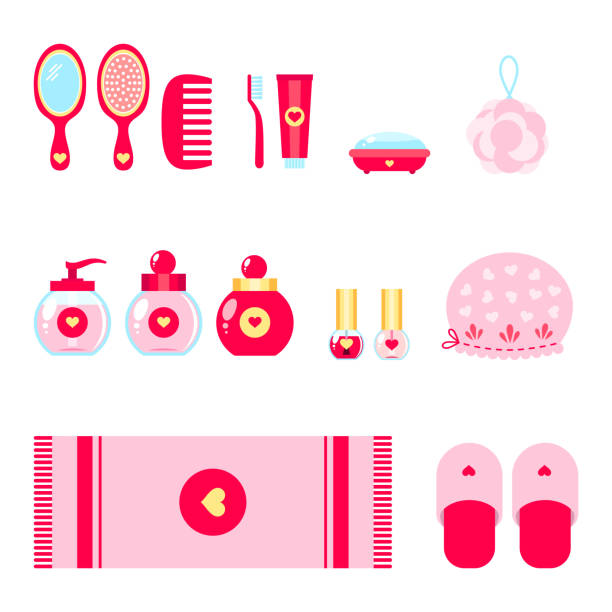 Set of bath and beauty care accessories Cute design elements in flat cartoon style solated on white background. Vector 8 EPS. nail polish bottle stock illustrations