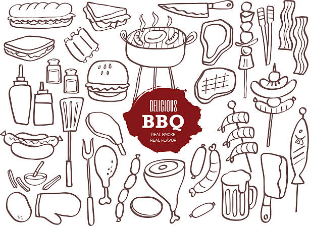Set of BBQ doodles Set of hand drawn BBQ doodles sandwich icons stock illustrations