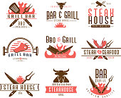 Vector illustration of a set of BBQ Labels with unique shapes and text designs as well as grill elements. Includes Steak House, Grill Bar, BBQ & Grill, Steak and Seafood text designs as well as steak knife, steak, flames, lobster and bbq utensils. Unique set of badges. Fully editable EPS 10.