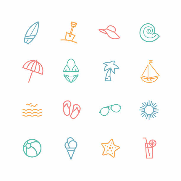 illustrazioni stock, clip art, cartoni animati e icone di tendenza di set di icone di spiaggia correlate - ombrellone