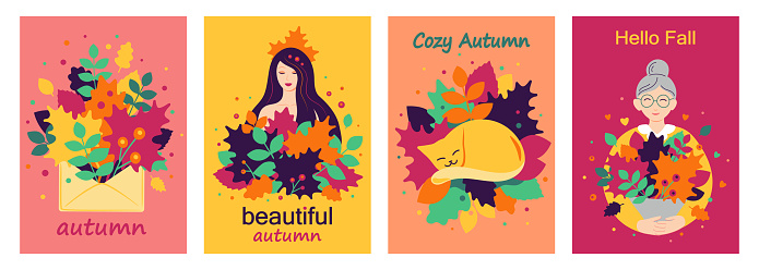 A set of Beautiful Autumn Cards. Cute girl, cat, elderly woman, envelope with a bouquet of autumn leaves. Fall season. Cozy autumn. Colorful cartoon flat vector template for postcard, cover, flyer, poster.
