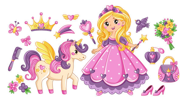 Set of beautiful little princess and unicorn Set of beautiful princess and unicorn. Cute girl with flower, perfume, crown, accessories and pet. Stickers with fairy tale character. Cartoon flat vector collection isolated on white background sweet little models pictures stock illustrations